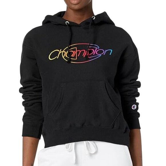 Champion Reverse Weave Black Rainbow Logo Heavyweight Hoodie Size 2XL - Picture 1 of 6